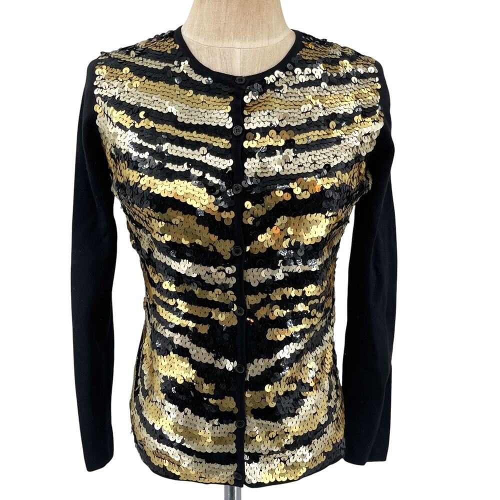 Michael Simon Vintage Sequin Tiger Cardigan Sweater Silver Gold black Size Small